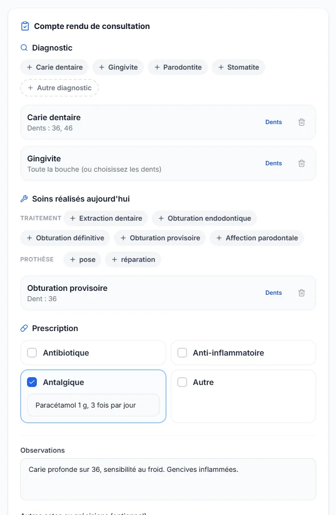 Compte rendu de consultation : diagnostics par dent, soins réalisés, prescription